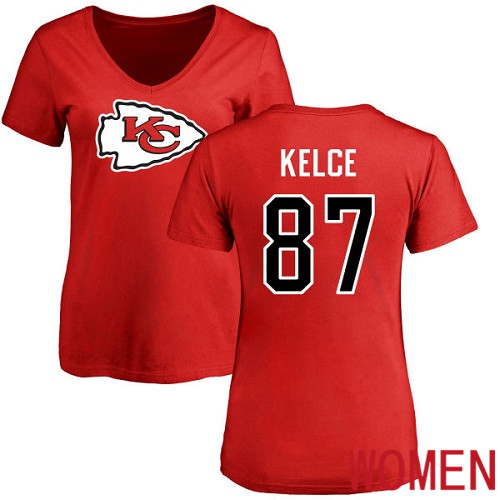 Women Football Kansas City Chiefs #87 Kelce Travis Red Name and Number Logo Slim Fit T-Shirt